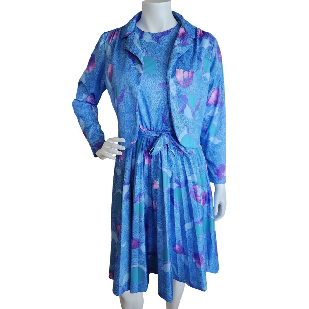 Vintage 80s SRZ Casuals Pleated Midi Dress & Jacket Set Vintage Floral